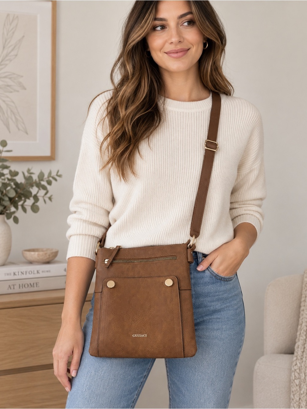 GUSSACI Brown Faux Leather Crossbody Bag Gold Hardware Adjustable Strap